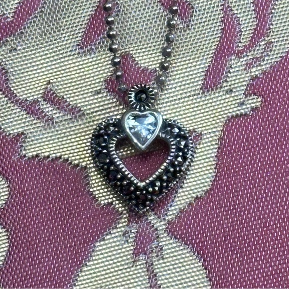 Heart Pendant Sterling Silver Necklace Marcasite 5g 17’ Bead Ball Chain 5511 - Picture 2 of 13